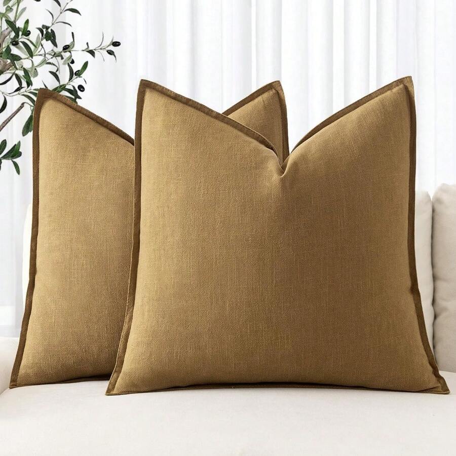 Local Delivery- Decorative Linen Pillow Covers 18x18 Inch Natural Beige Boho Farmhouse Neutral Couch Throw Pillows For Bed Pack Of 2 Accent Outdoor Pillowcase Modern Sofa Cushion Livingroom Home Decor - 芥末黃 - 查看 1