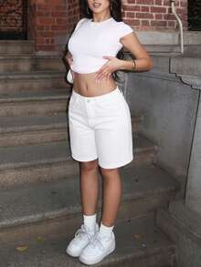 Women's Casual Versatile Solid Color Bermuda Denim Shorts White Summer - White - View 7