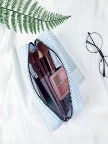 Necessaire de Tule com Listras, Bolsa Cosmética de Grande Capacidade, Organizador de Viagem com Listras Bordadas