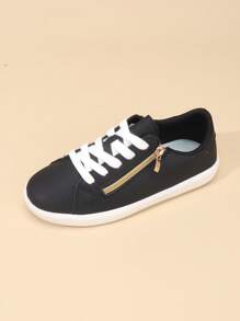 1 Pair Boys/Girls PU Leather Lace-Up Side Zipper Classic Student Shoes, Thick Sole Anti-Slip Durable Soft Bottom Casual Sneakers, Suitable For All Seasons