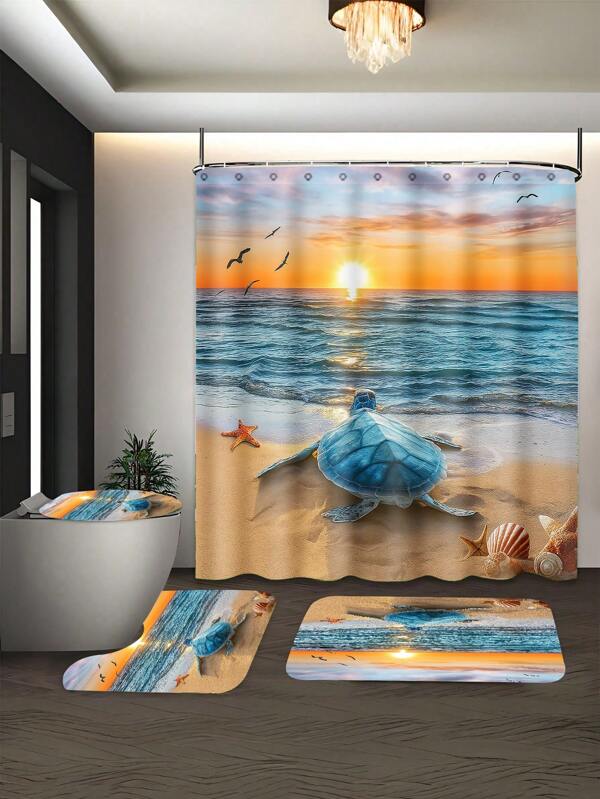 4 Pcs Coastal / Beach Bathroom Set: 71"X71" Shower Curtain With Hooks, Anti-Slip Bath Mat, U-Shape Toilet Mat, Toilet Lid Cover, Bathroom Accessories, Coastal Scenery Bathroom Decor, Summer Back To School