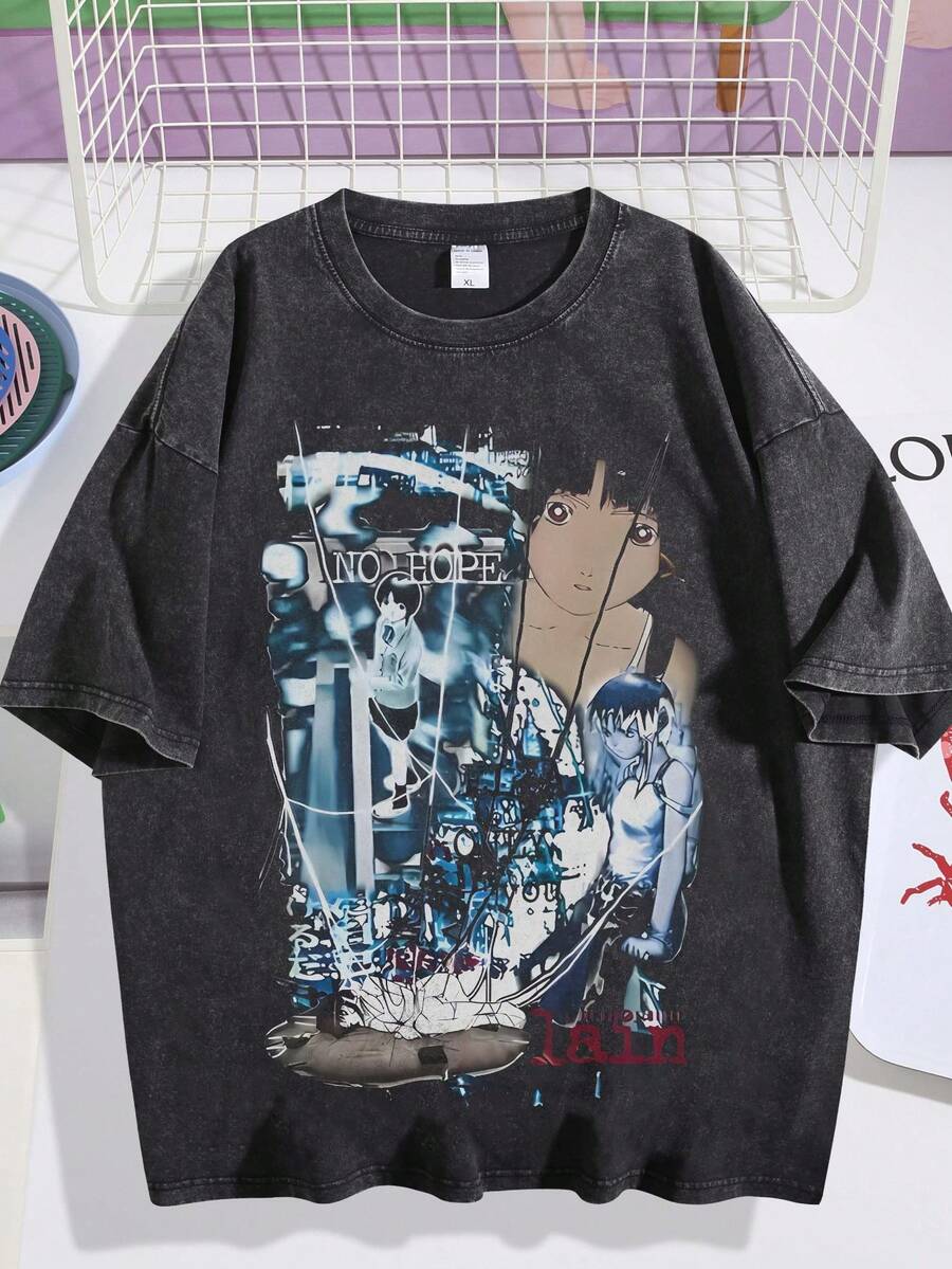 EWH Men's T-Shirt, Vintage, Personalized Short Sleeved, "Lingyin" Serial Experiments Lain, Dark Aesthetics, Retro Wash, Anime, T-ShirtDG004 - màu đen - Xem 1