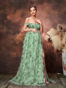 Faeriesty Dressalisa 优雅孕妇连衣裙，露肩设计，正面扭结花卉网纱装饰，高开衩下摆，适合春夏场合（婚礼宾客、正式晚宴、花园派对、孕妇写真、晚间活动） - 綠色 - 查看 6