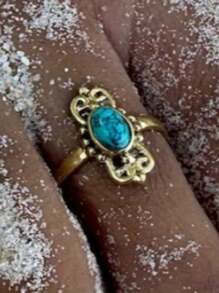 1 pieza Tobillera ajustable con incrustaciones de turquesa falsa, anillo para el pie de tono dorado vintage de cobre con acabado hueco, adecuado para mujeres, uso diario, vacaciones en la playa, fiestas