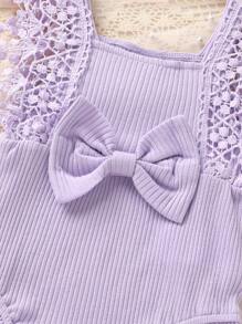 2pcs Set Casual Elegant Sweet Cute Baby Girl Romper, Soft Breathable, Solid Color Hollow Lace Tassel Trim Dress Bodysuit And Headband Set