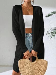 Women's Lightweight Solid Color Long Sleeve Dual Pocket Open Front Casual Long Cover Up, Spring/Summer