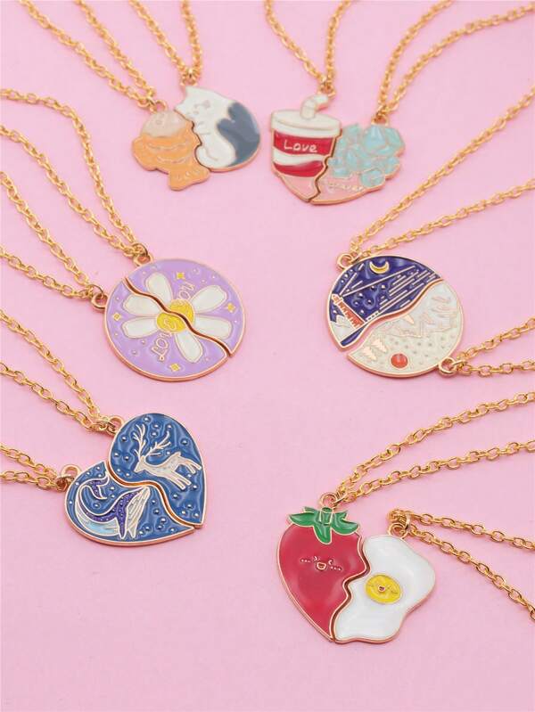 2 pièces Meilleur ami Ensemble de collier en forme de cœur, pendentif de dessin animé mignon Bijoux d'amitié Cadeau pour les filles