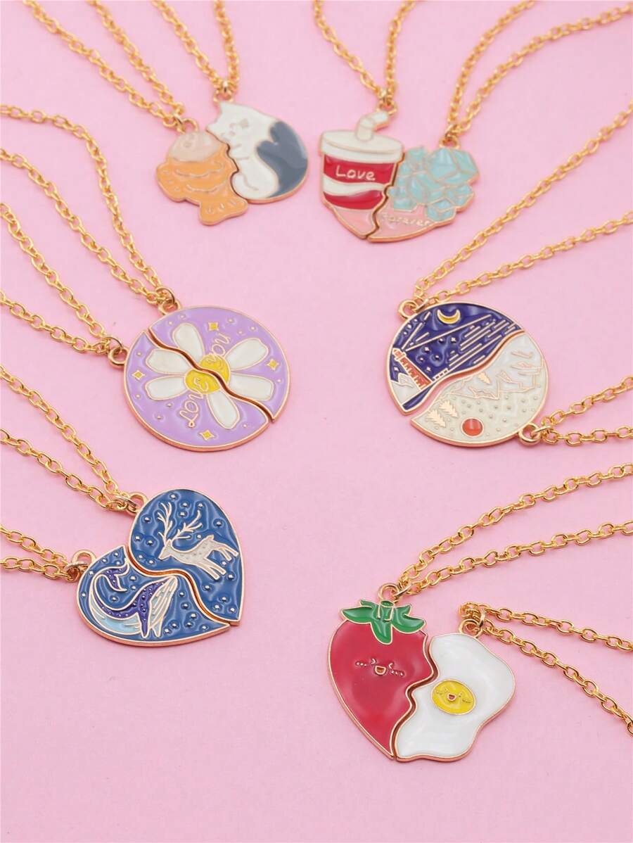 2 pièces Meilleur ami Ensemble de collier en forme de cœur, pendentif de dessin animé mignon Bijoux d'amitié Cadeau pour les filles