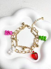 1 peça de pulseira com pingentes de urso de dopamina, com decoração de cereja e dupla camada, para mulheres, adequada para férias, festas, uso diário, acessório de pulseira com corrente de resina e metal