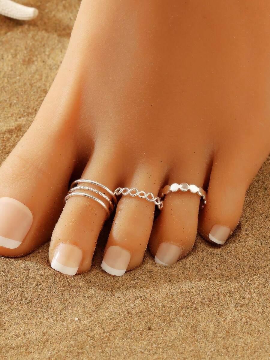 3 Pieces Minimal Metal Toe Rings Set For Women Summer Vacation Beach Jewelry - Silver - View 1