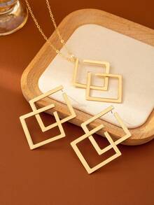 Set de collar y aretes con 3 piezas, con colgante hueco cuadrado geométrico, joyería vintage exagerada para mujeres - Amarillo Oro - Ver 6