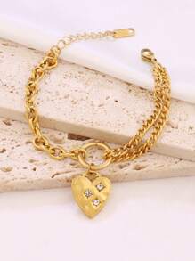 1 pièce Bracelet pendant cœur en acier inoxydable pour femmes, design de mode avec charms en zircone, chaîne de bracelet étanche, bijoux