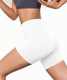 Pantalones cortos de ciclismo de cintura alta para mujer, 5 pulgadas, control de abdomen, atlético, correr, gimnasio, yoga, elastano - 02-Blanco - Ver 3