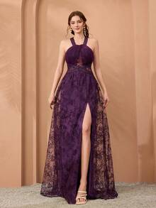 花卉蕾丝边细肩带透视刺绣A字开叉下摆晚礼服 - 紫色 - 查看 1