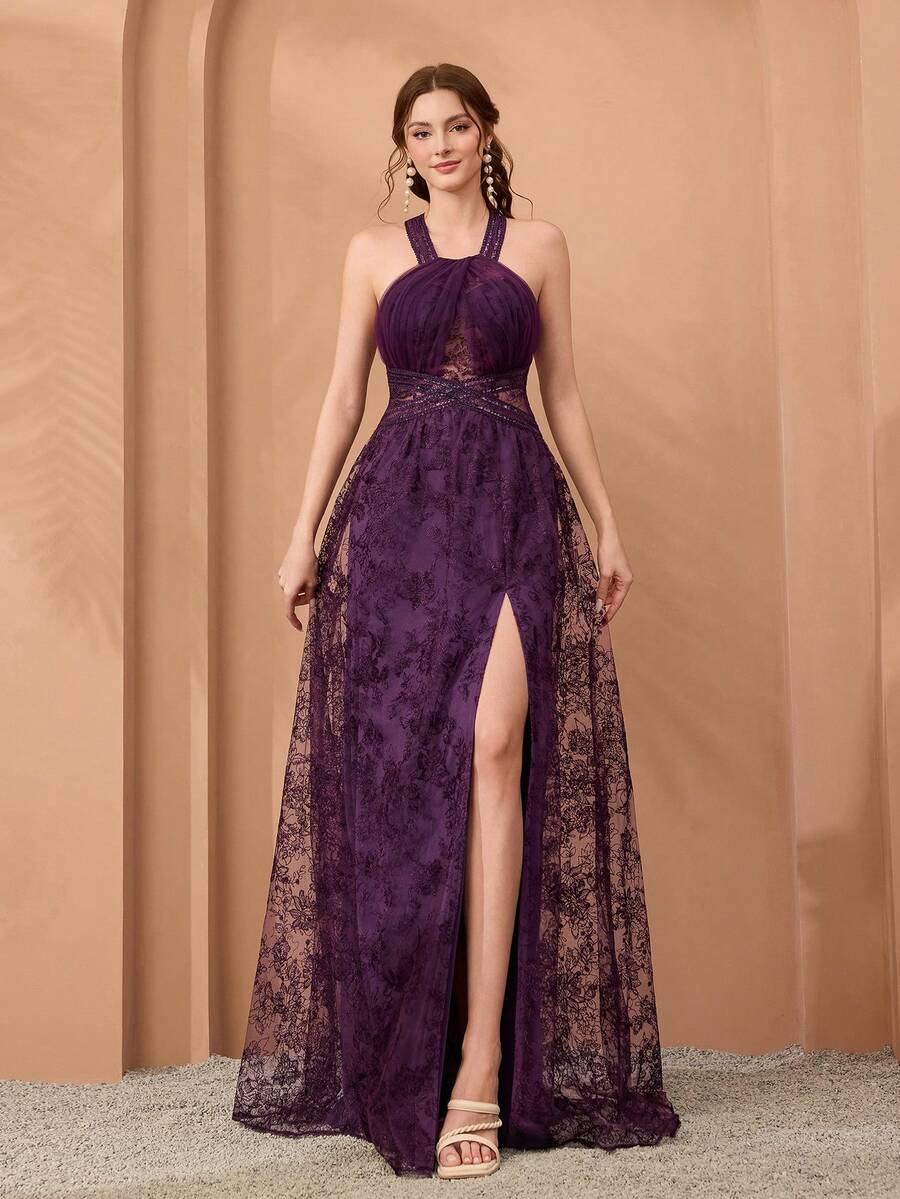 花卉蕾丝边细肩带透视刺绣A字开叉下摆晚礼服 - 紫色 - 查看 1