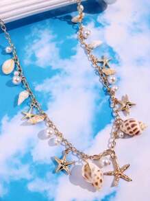1pc Fashionable, Exquisite, Luxury Summer Beach Resort Style Starfish, Shell, Seashell, Pearl Decor Long Necklace For Women, Daily & Beach Outfit Jewelry