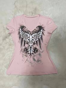 Y2K 翼印花 V 领休闲短袖 T 恤，夏季