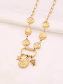 1 pièce Collier pendentif en acier inoxydable avec charme de conque, étoile de mer, tortue océanique et coquillage creux. Design mode. Collier chaîne pour femmes, bijoux