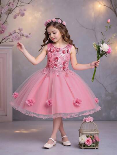 女童纯色薄纱缎面花朵蓬蓬裙，优雅正式，适合生日派对、学校活动等场合，不含头饰。