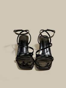 Sandalias de tacón con plataforma y tiras cruzadas en X negro con puntera abierta para mujer, sandalias de tacón alto tipo gladiador con cordones para el verano