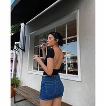 Basic Women's Cropped Top Bare Back Short Sleeve High Quality Polyamide Top - Black - View 2