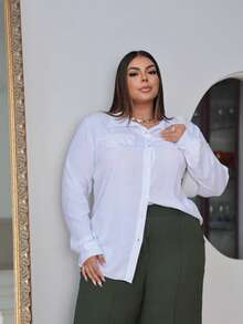 Camisa Feminina Plus Size Social Viscolinho Moda Evangélica  Simples    elegante  Casual  Fofo    Botão - Branco - Visão 3