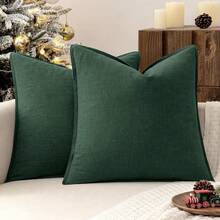 Local Delivery- Decorative Linen Pillow Covers 18x18 Inch Natural Beige ​Boho Farmhouse​ ​Neutral Couch Throw Pillows For Bed Pack Of 2 Accent Outdoor Pillowcase Modern Sofa Cushion Livingroom Home Decor - 墨綠色 - 查看 7