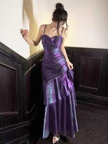 Shiny Ruched Flounce Hem Party Dress, Elegant Iridescent Spaghetti Strap Concert Outfit, Fashionable Wedding Bridesmaid Formal Birthday Back To School Dress, Summer Autumn - Purple - View 6
