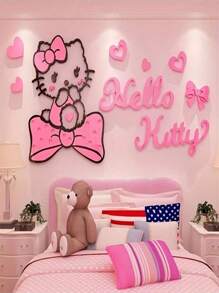 Sanrio 1PC Sanrio 3D Acrylic Wall Decal - Pink 3D Hello Kitty, Big Ear Dog Bedroom Decor, Anime Theme Wall Sticker For Room, Living Room, Bedroom Or Living Space, Cute Cartoon Design With Heart Shaped Embellishment, Hello Kitty Room Decor