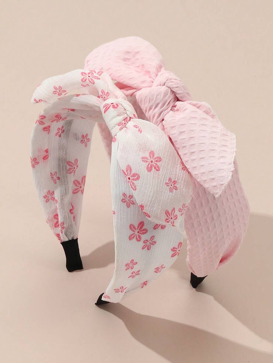 2件套女孩兔耳花朵扭结发箍套装，适合日常装饰 - 彩色 - 查看 1