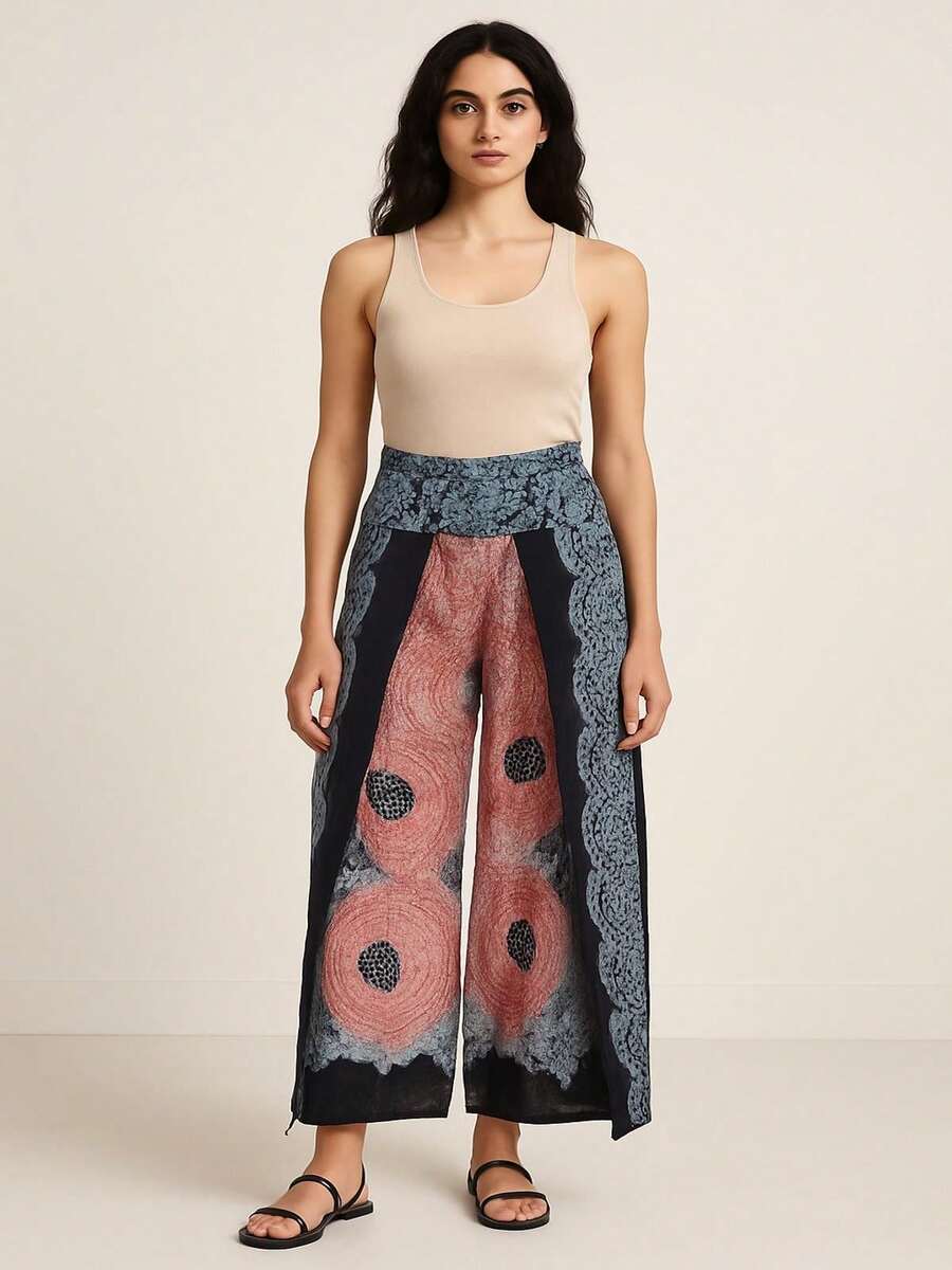 pantalón falda para mujer estilo hindú  Lunares    Elegante  Casual  Bohemio    Lino    Bolsillo  ABERTURAS - Rojo Coral - Ver 1