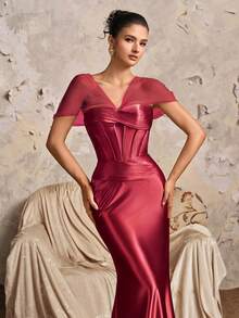 Vintage Muse Göttin Off-Shoulder Mesh-Ärmel Satin Meerjungfrau tailliertes Luxus sexy Weihnachtsparty Maxikleid, Brautjungfernkleid - Bordeaux - Übersicht 3
