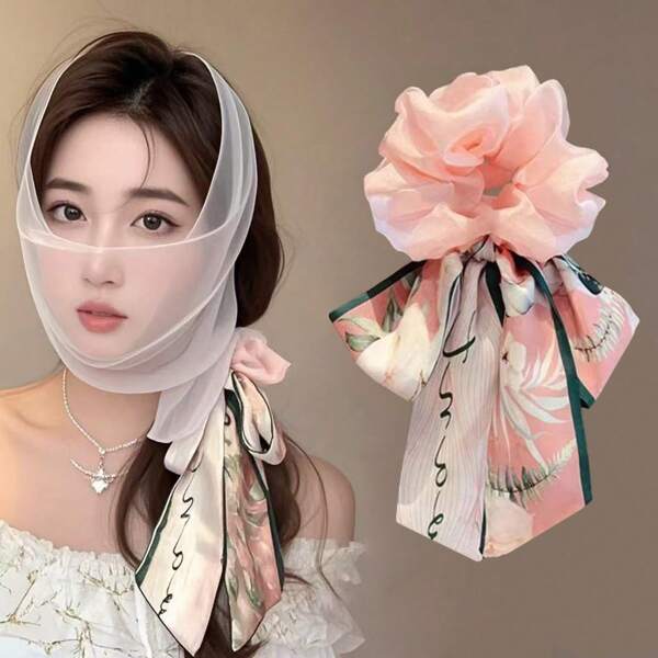 1 x xuxinha com estampa de laço e flores para primavera/verão, material de poliéster, acessório de cabelo estilo boêmio, adequado para todas as estações, elástico de cabelo, acessórios de cabelo, elásticos de cabelo
