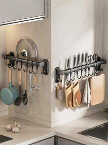 1pc Sleek Black Wall-Mounted Metal Kitchen Rack, Modern Elegance With Spice Organizer, Knife Holder & Utensil Hooks, Multi-Use Home Decor Shelf, Kitchen Decor, Spice Rack, Utensil Hooks, Home Decor Organizer, Utility Racks