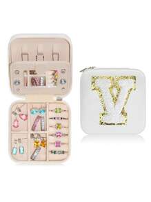 1pc Portable Travel Jewelry Box, Custom Lettered (A-Z) Organizer, Multi-Layer Jewelry Case With Mirror And Makeup Brush Holder, Suitable For Rings, Necklaces For Women Storage Organizer Travel Essentials Back To School Dormitory Storage