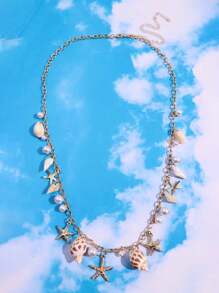 1pc Fashionable, Exquisite, Luxury Summer Beach Resort Style Starfish, Shell, Seashell, Pearl Decor Long Necklace For Women, Daily & Beach Outfit Jewelry