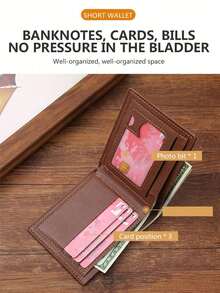 新款男士短款钱包卡包，带钞票夹、证件照相框和多个卡槽，采用高档PU软皮，大容量商务休闲钱包，带文件袋，时尚休闲钞票夹，适合年轻男士，可作为圣诞礼物、复古圣诞包、黑色钱包、男士礼物、新年礼物、情人节礼物。