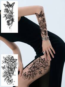5pcs Black Temporary Butterfly And Flower Tattoo Stickers, Suitable For Arms And Legs, Waterproof And Sweat-Proof, Easy To Use And Remove, Perfect For Women, Essential For Parties And Gatherings.