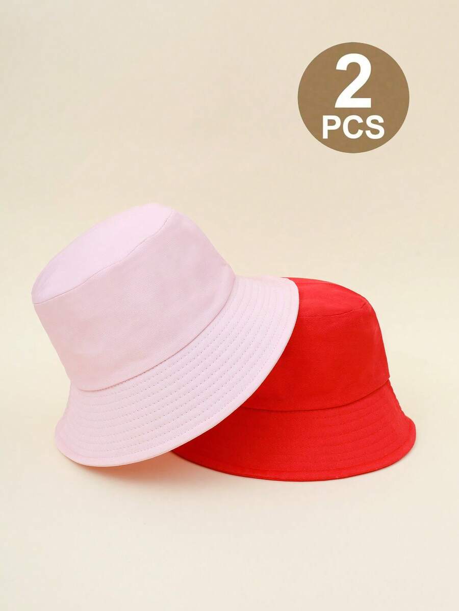 2 件套儿童纯色渔夫帽，休闲百搭防晒渔夫帽，适合男孩和女孩 - 粉紅色+紅色 - 查看 1