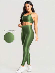 Women's Ribbed Gym Fitness Set, Top And Shiny Sports Leggings - 綠色 - 查看 1