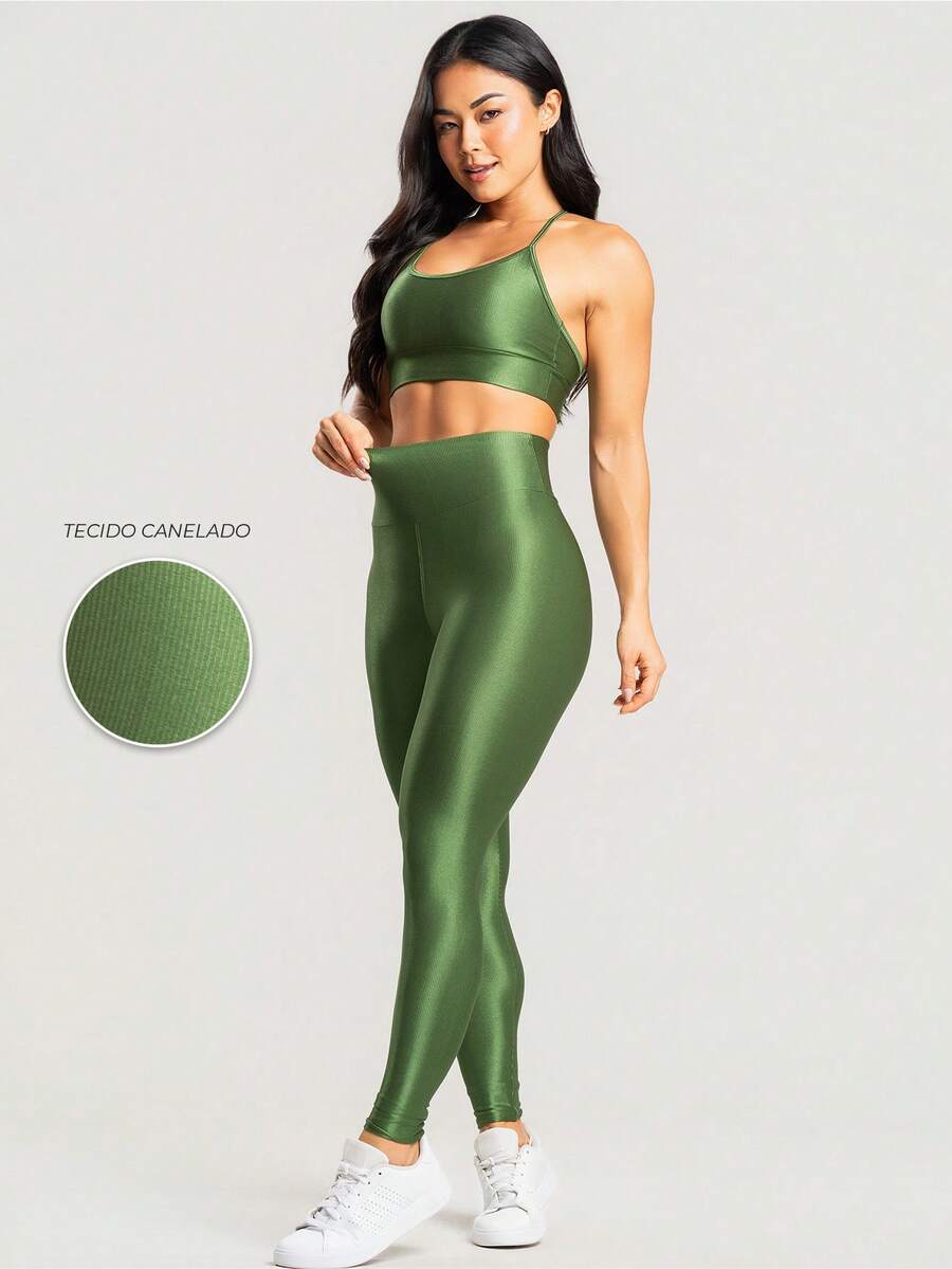 Women's Ribbed Gym Fitness Set, Top And Shiny Sports Leggings - 綠色 - 查看 1