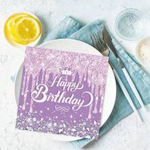 20件/40件/60件/套，香槟金和紫钻纸巾生日王子公主淋浴婚礼派对装饰一次性餐具套装派对用品 - 彩色 - 查看 2