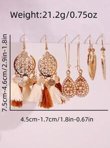 3 Pairs Fashionable Versatile Elegant Creative Vintage Bohemian Geometric Hollow Tassel Earrings Set, Suitable For Women's Daily, Party, Summer Beach Holiday, Festival Jewelry