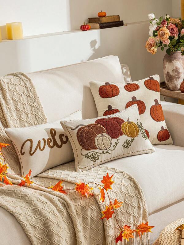 2pcs Velvet Embroidered Maple Leaf Pattern Pillow Covers, Vintage Farmhouse Style Square Beige Cushion Covers Suitable For Farmhouse, Living Room And Sofa