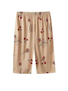 3pcs Plus Size Women's Pajama Pants, Elastic Waist Loose Cherry Print Capri Pants - Multicolor - View 4