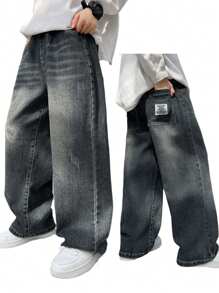 Tween Boy Letter Embroidered Patch Wide Leg Loose Casual Jeans