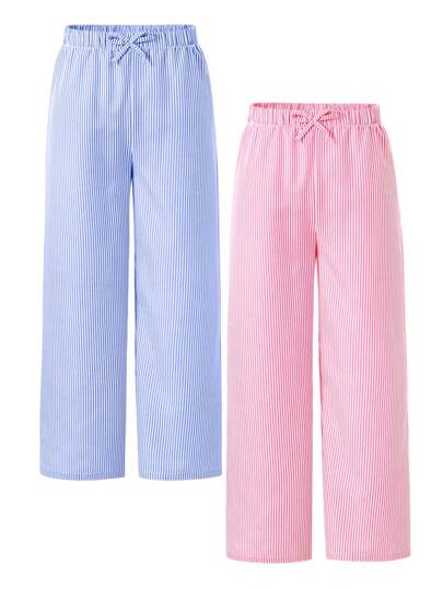 2 pièces / Ensemble de pantalons longs d'été pour filles, pantalons à taille élastique rayés pour préadolescentes, vêtements d'extérieur décontractés, confortables et respirants, style de dame élégant, mode et polyvalent de style dopamine pour adolescentes