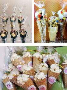 50/100 uds Bolsas cónicas de golosinas, bolsas de palomitas, bolsas de celofán triangulares con lazos retorcidos para caramelos, galletas hechas a mano, regalos de boda, cumpleaños, día de San Valentín, suministros para bufé de dulces y Navidad - transparente - Ver 6