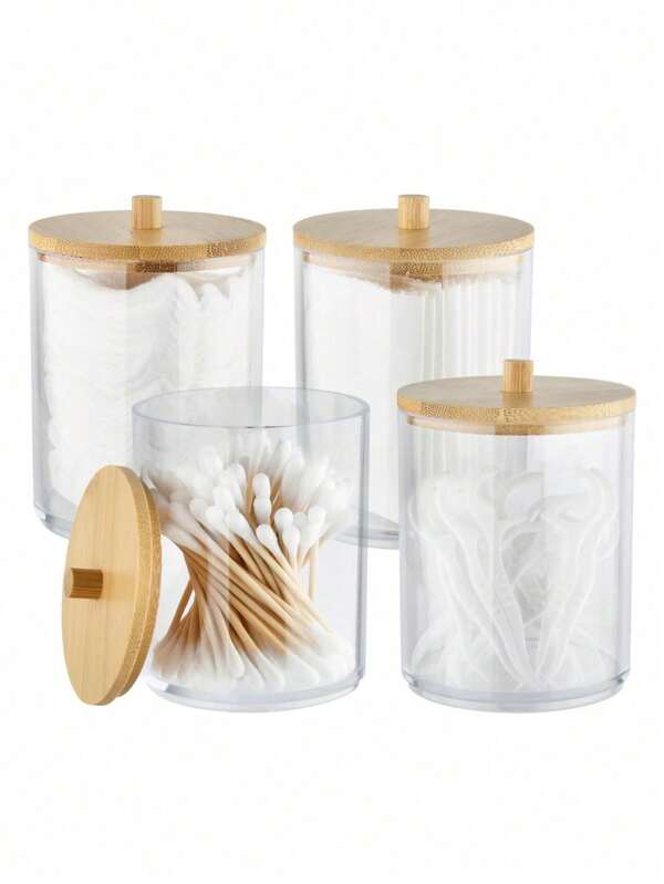 Set da 4 pezzi/3 pezzi/2 pezzi/1 pezzo di porta-accessori con coperchio in bambù per cotton fioc, dischetti di cotone, porta-stuzzicadenti - Set di barattoli in plastica trasparente da 10 once per bagno, mobile da toeletta e conservazione del trucco