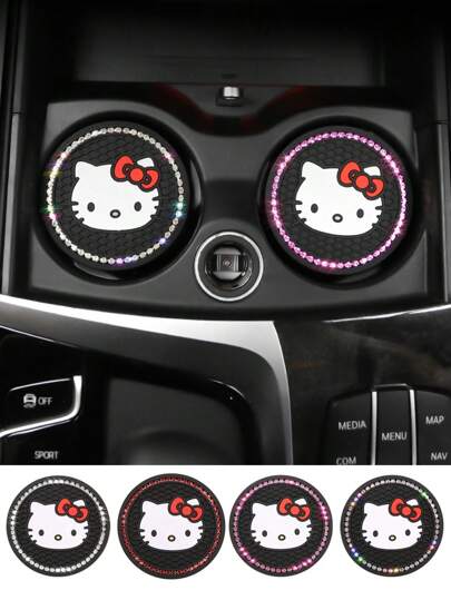 Sanrio 2 قطعة من حامل الأكواب السيليكون على شكل قطة للسيارة ، وسادة من البي في سي مزينة بالراين ستون مانعة للانزلاق وعازلة للحرارة ، اكسسوارات داخلية للسيارة